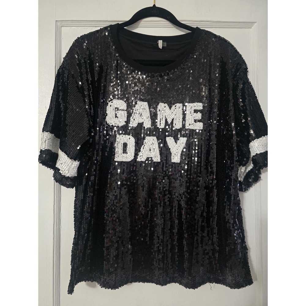 Womens CATO Black & White Sequin Game Day Top Size XL